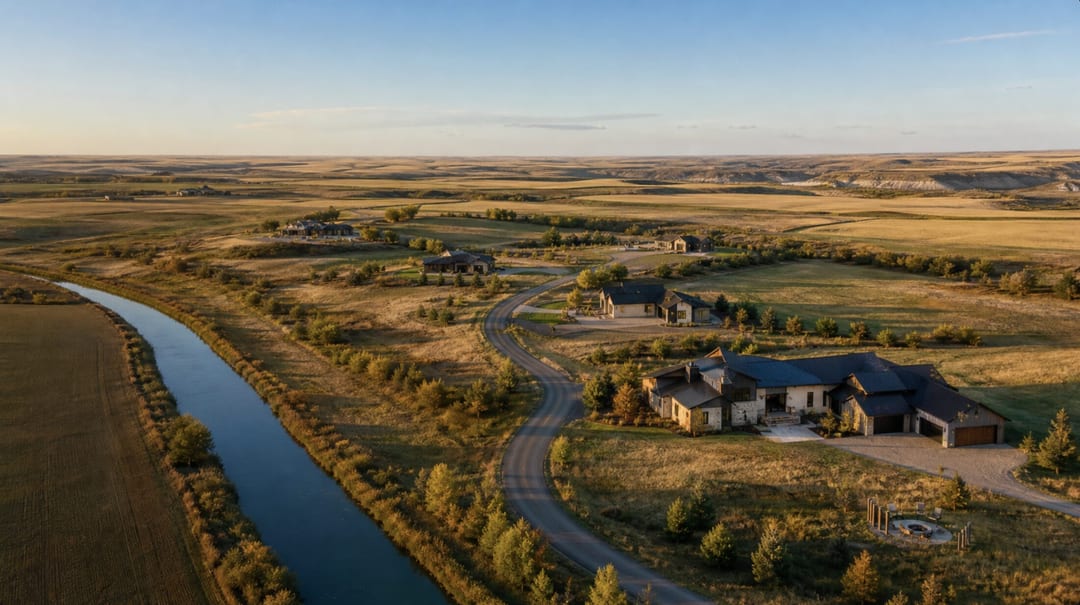 Homes along the canal at Aparche with prairie horizon beyond