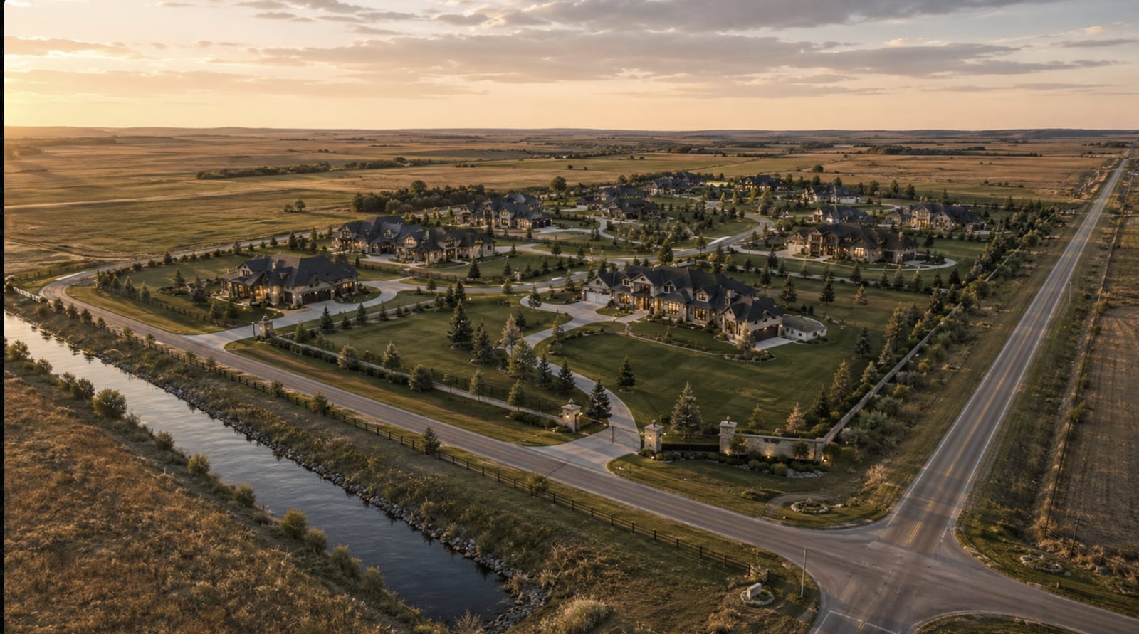 Golden-hour aerial of the Aparche lands along the canal, Cypress County, Alberta